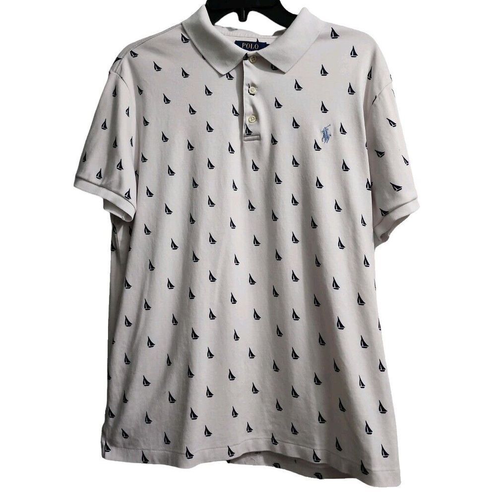 Polo Ralph Lauren‎ Mens Size L Custom Slim Fit Polo Shirt White Boat Print